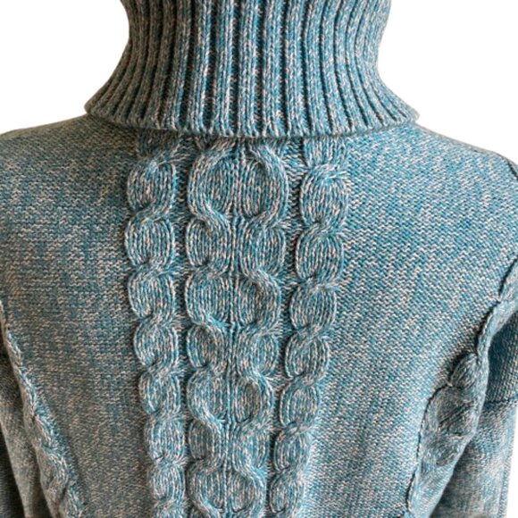 L.L. Bean Women's Sweater Cotton Cable Knit LS Turtleneck Marled Teal, sz Small - Picture 6 of 11